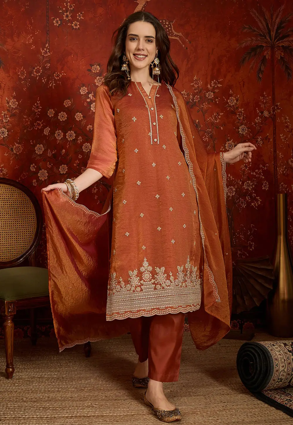 Rust Silk Readymade Pant Style Suit 337012