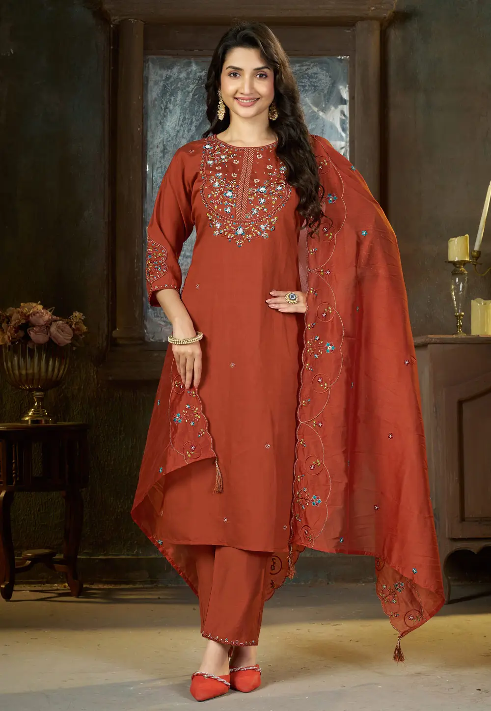 Rust Silk Readymade Straight Suit 335028