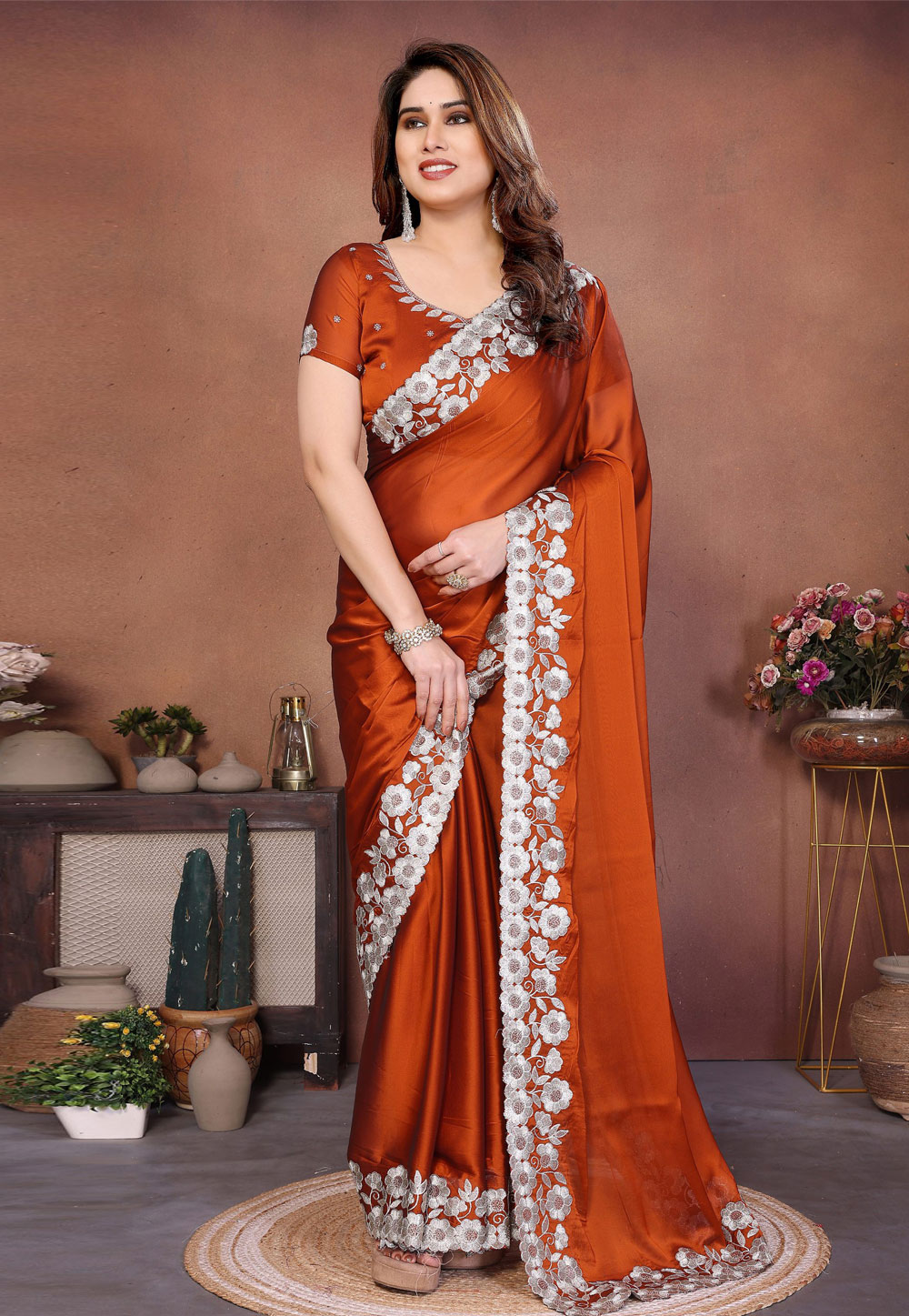 Rust Silk Saree With Blouse 325230