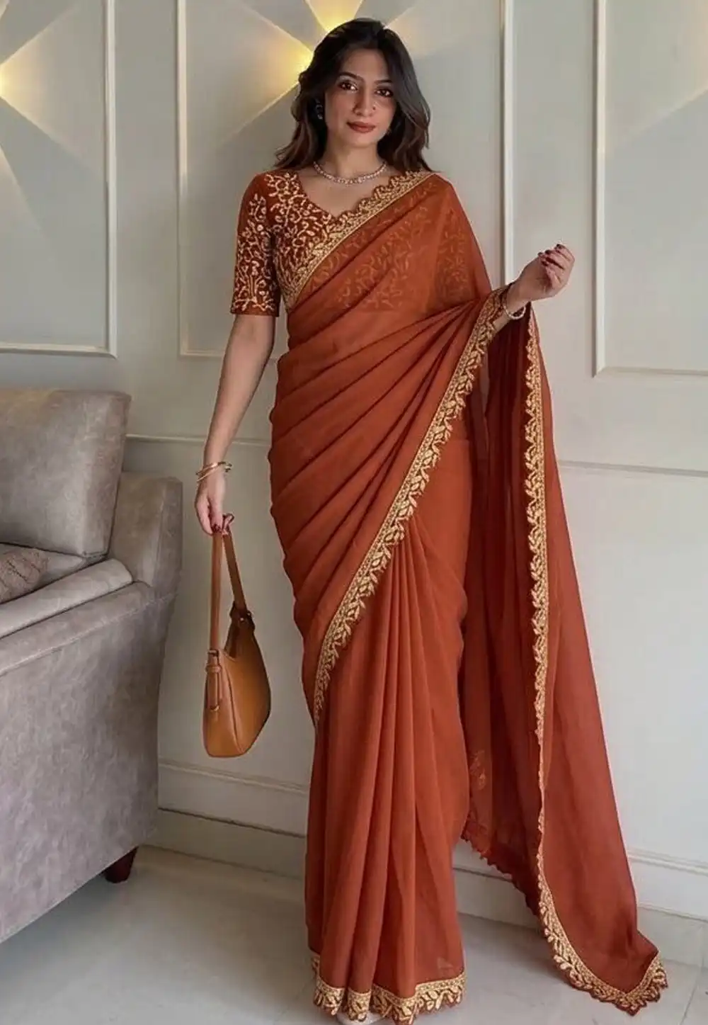Rust Silk Saree With Blouse 330190