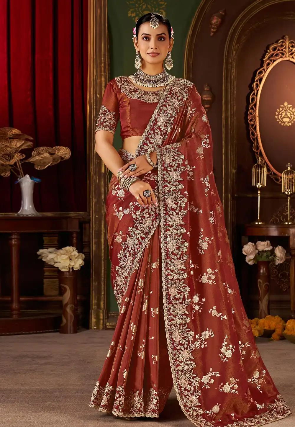 Rust Silk Saree With Blouse 321675