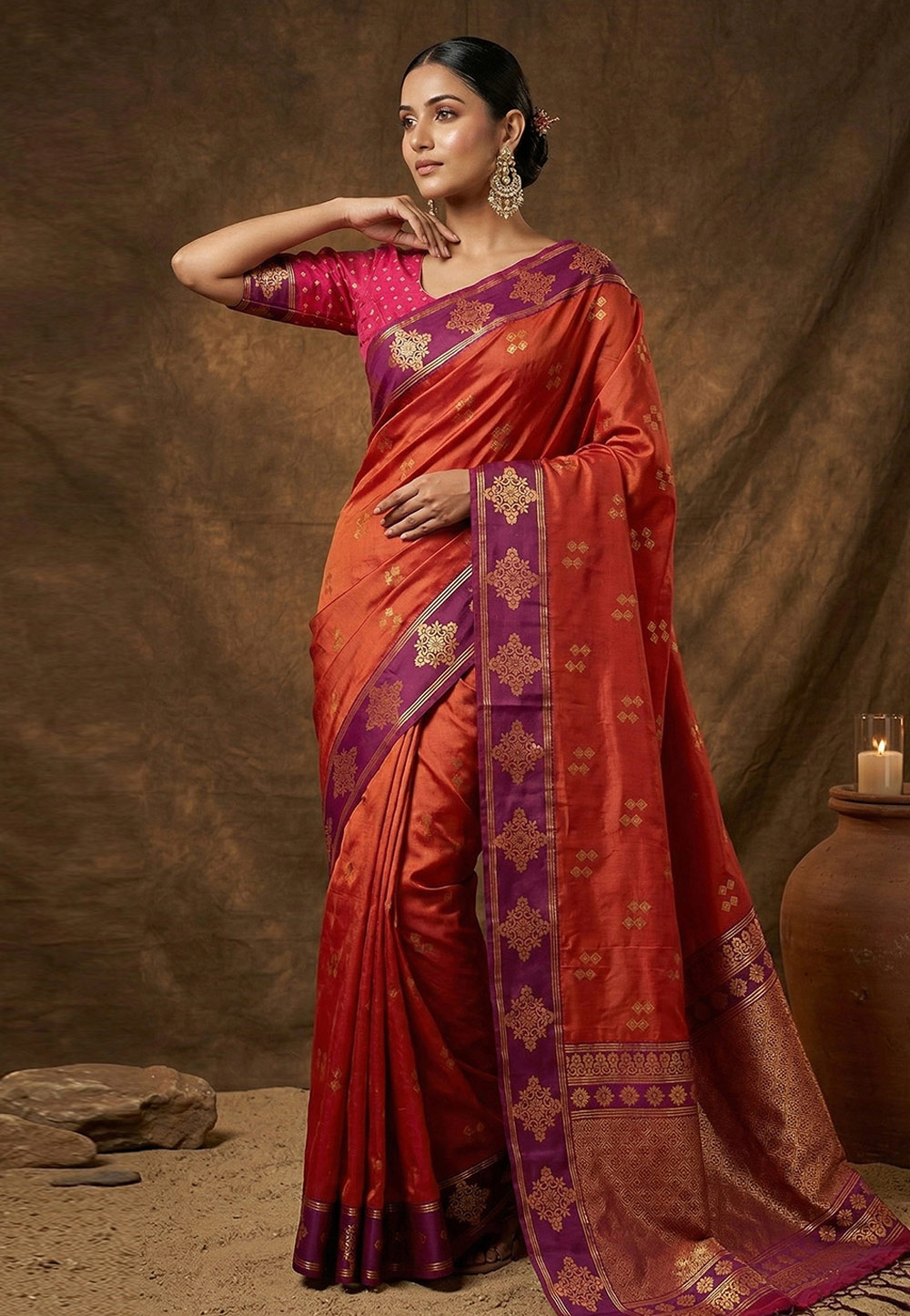 Rust Silk Saree With Blouse 328743