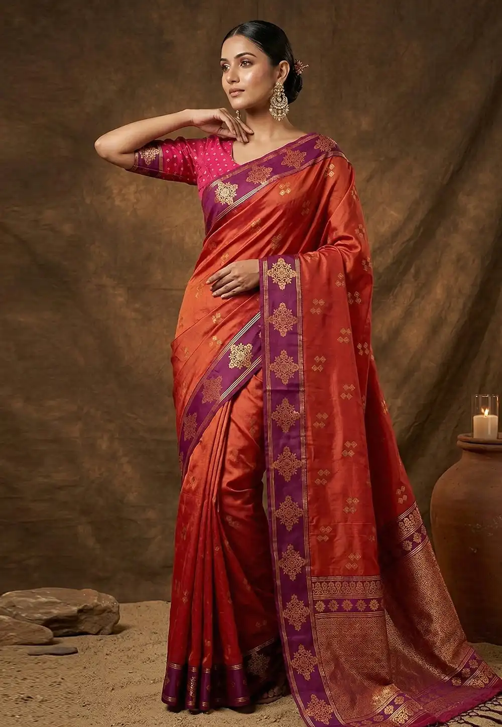 Rust Silk Saree With Blouse 328743