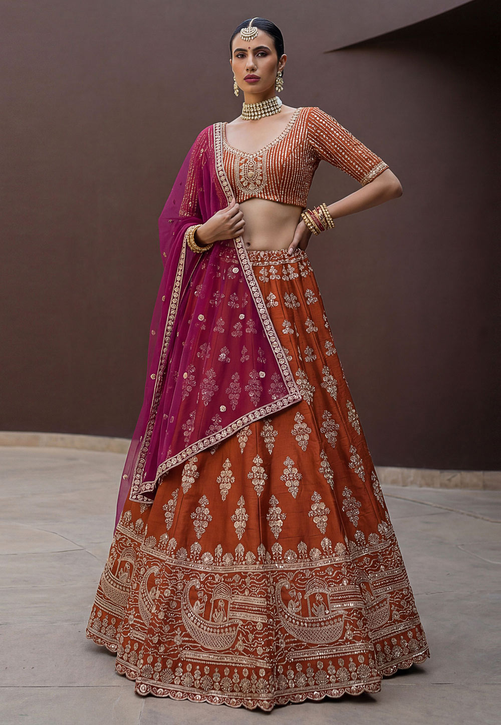 Rust Silk Wedding Lehenga Choli 326329