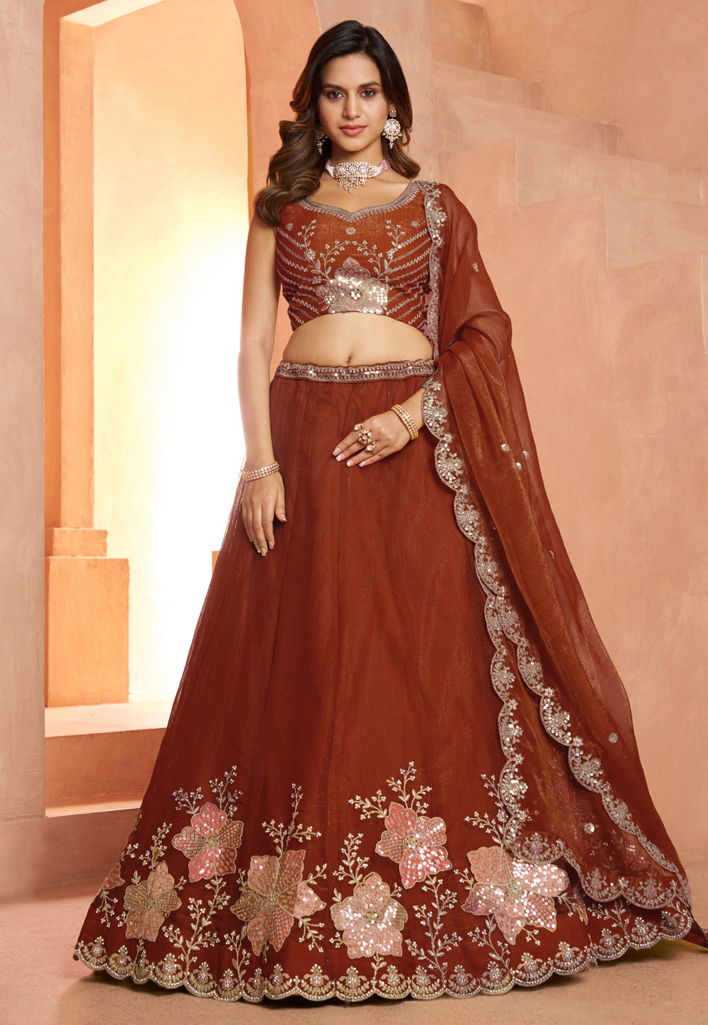 Rust Tissue Lehenga Choli For Wedding 329400