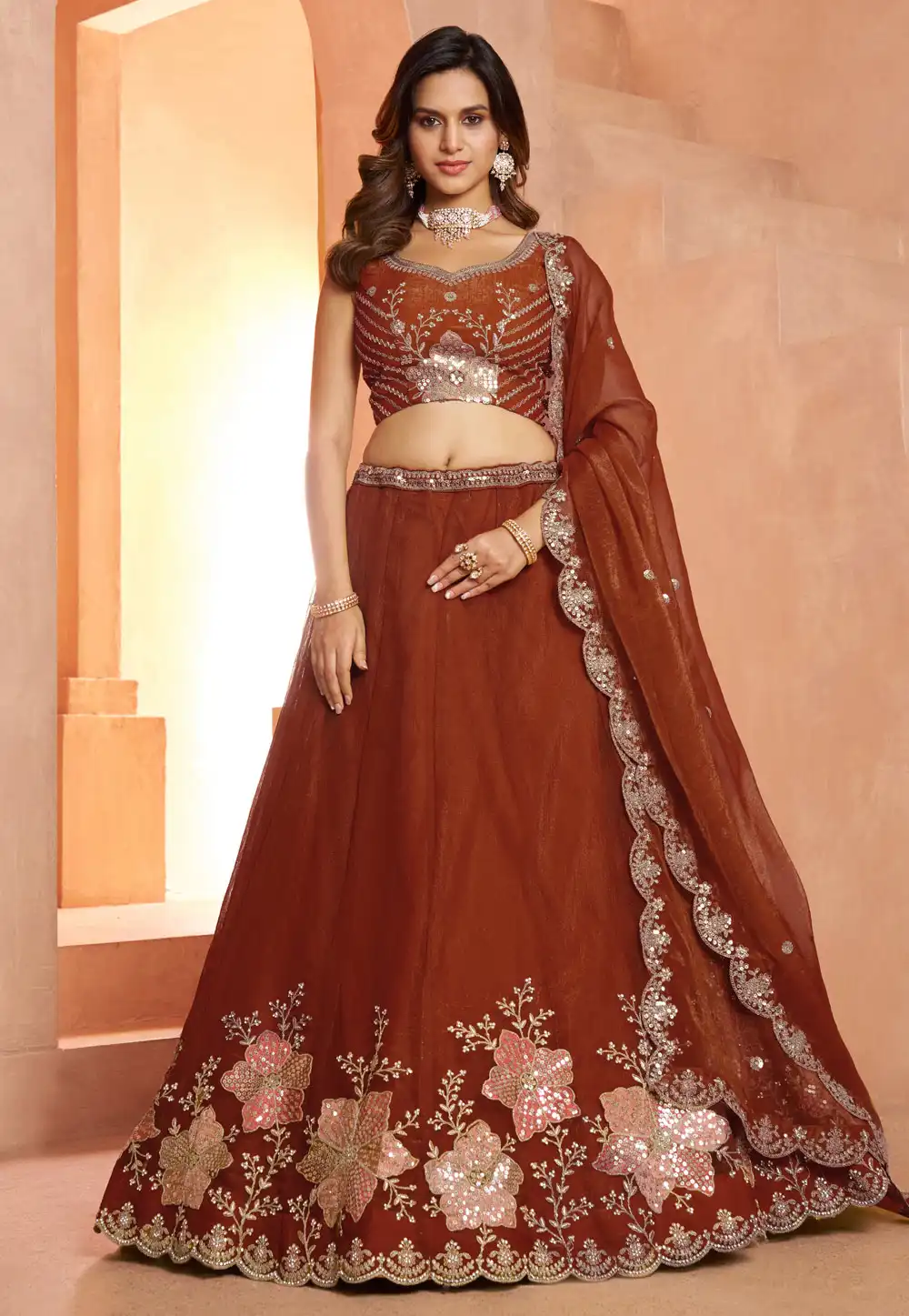 Rust Tissue Lehenga Choli For Wedding 329400