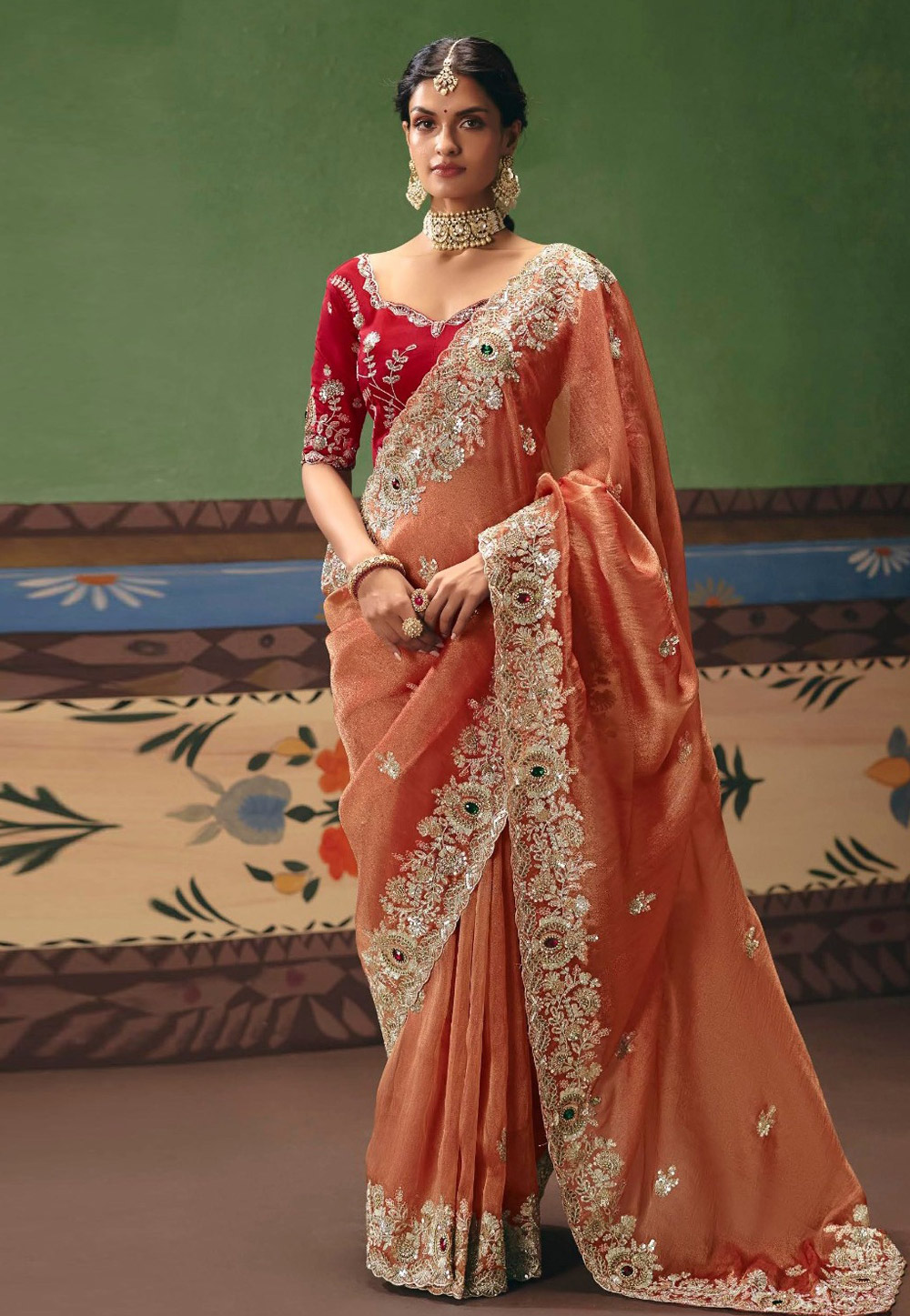 Rust Tissue Saree With Blouse 324646