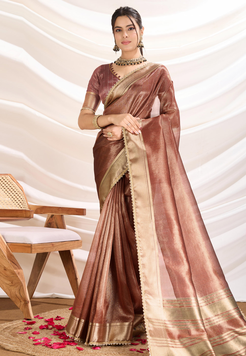 Rust Tissue Saree With Blouse 307255