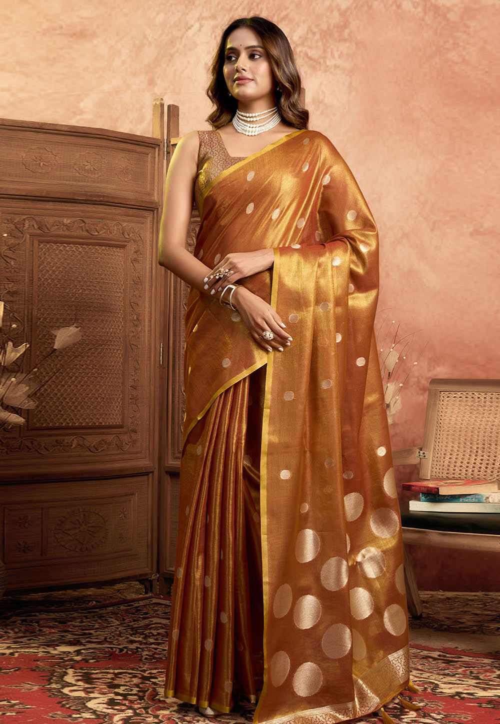 Rust Tissue Silk Saree With Blouse 312529
