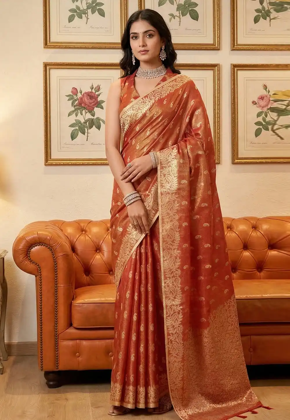 Rust Tissue Silk Saree With Blouse 326689