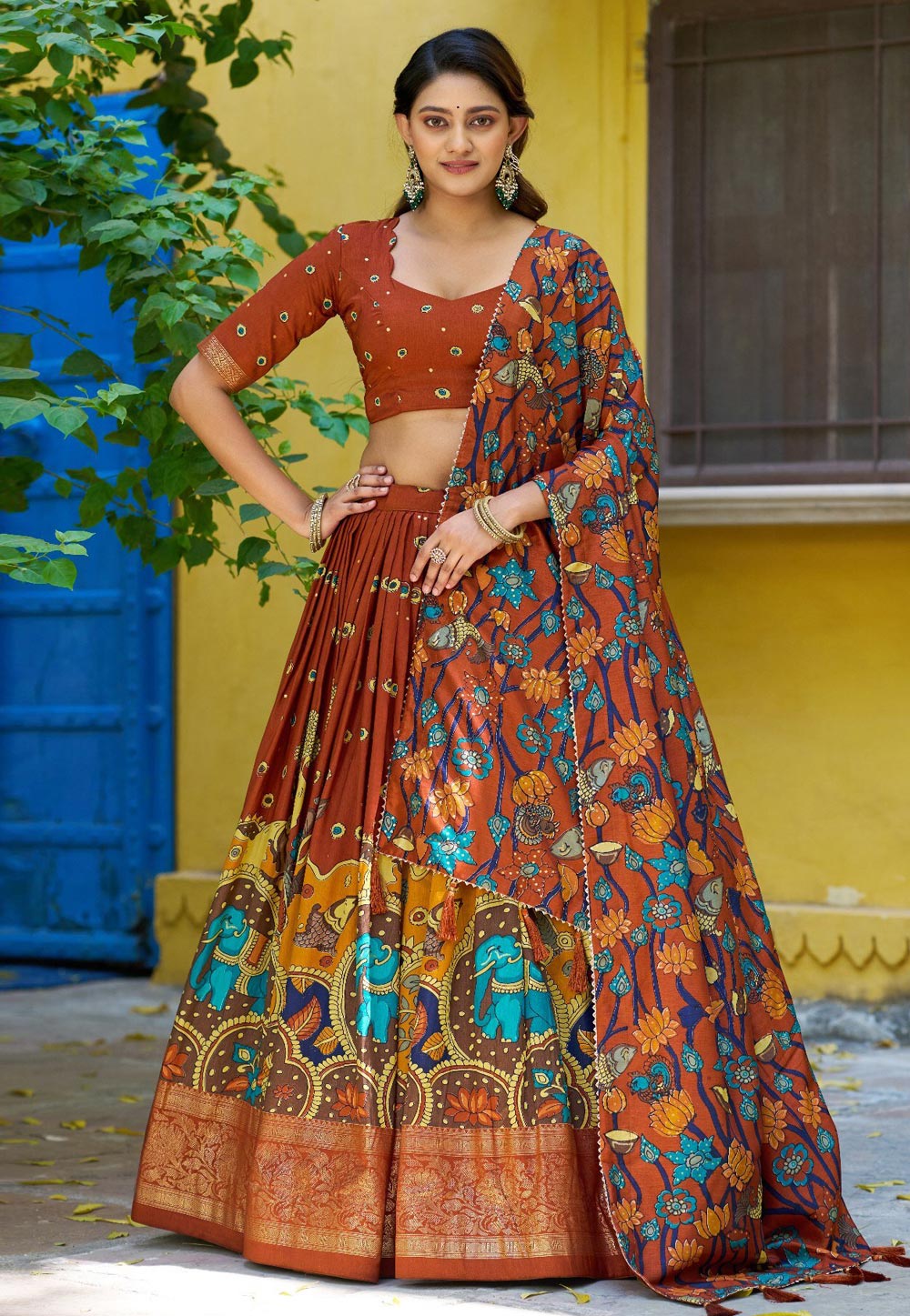 Rust Tussar Silk Circular Lehenga Choli 328676