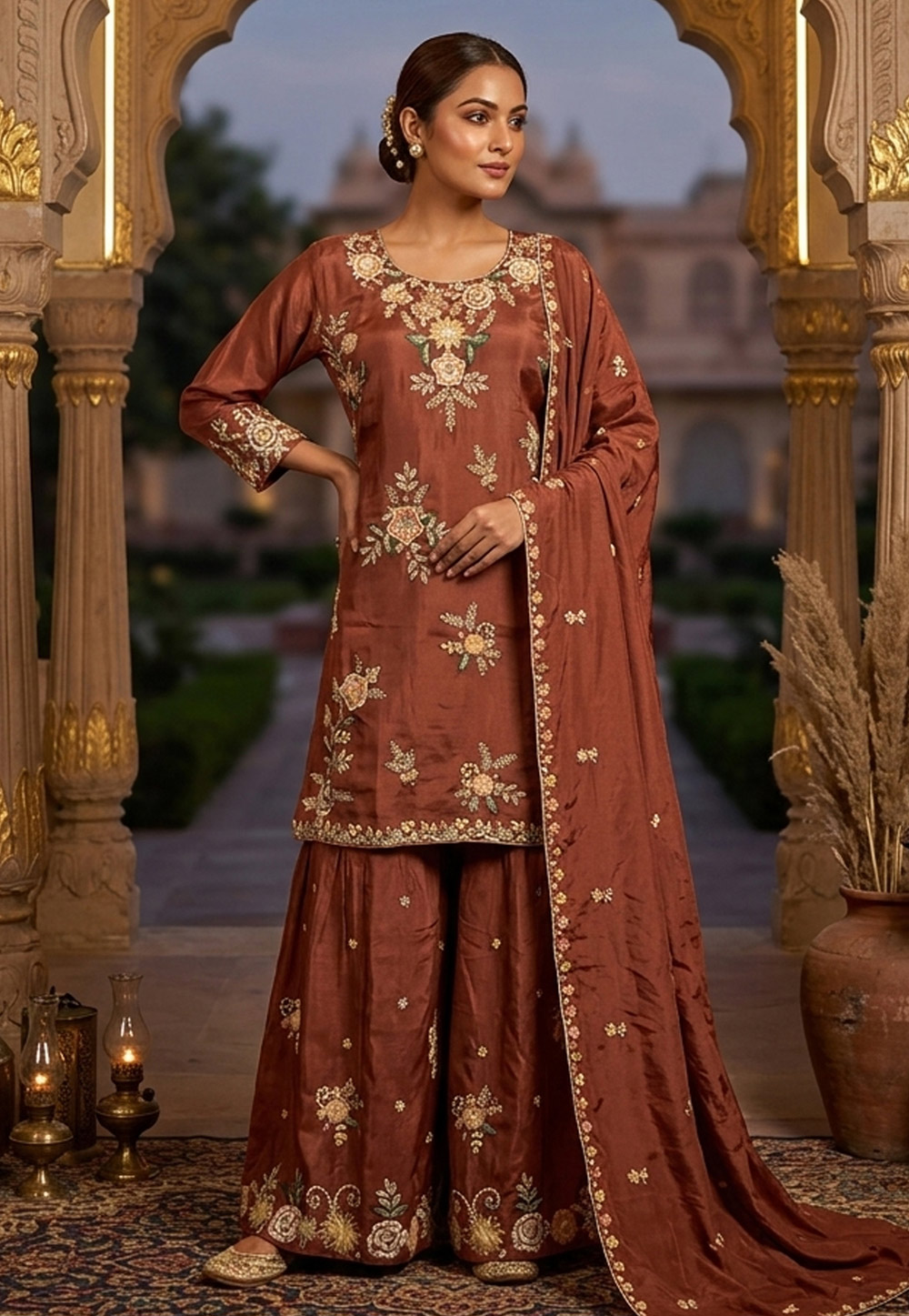Rust Viscose Crepe Readymade Gharara Suit 326825