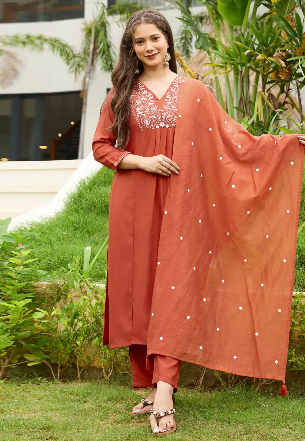 Rust Viscose Readymade Pant Style Suit 320904