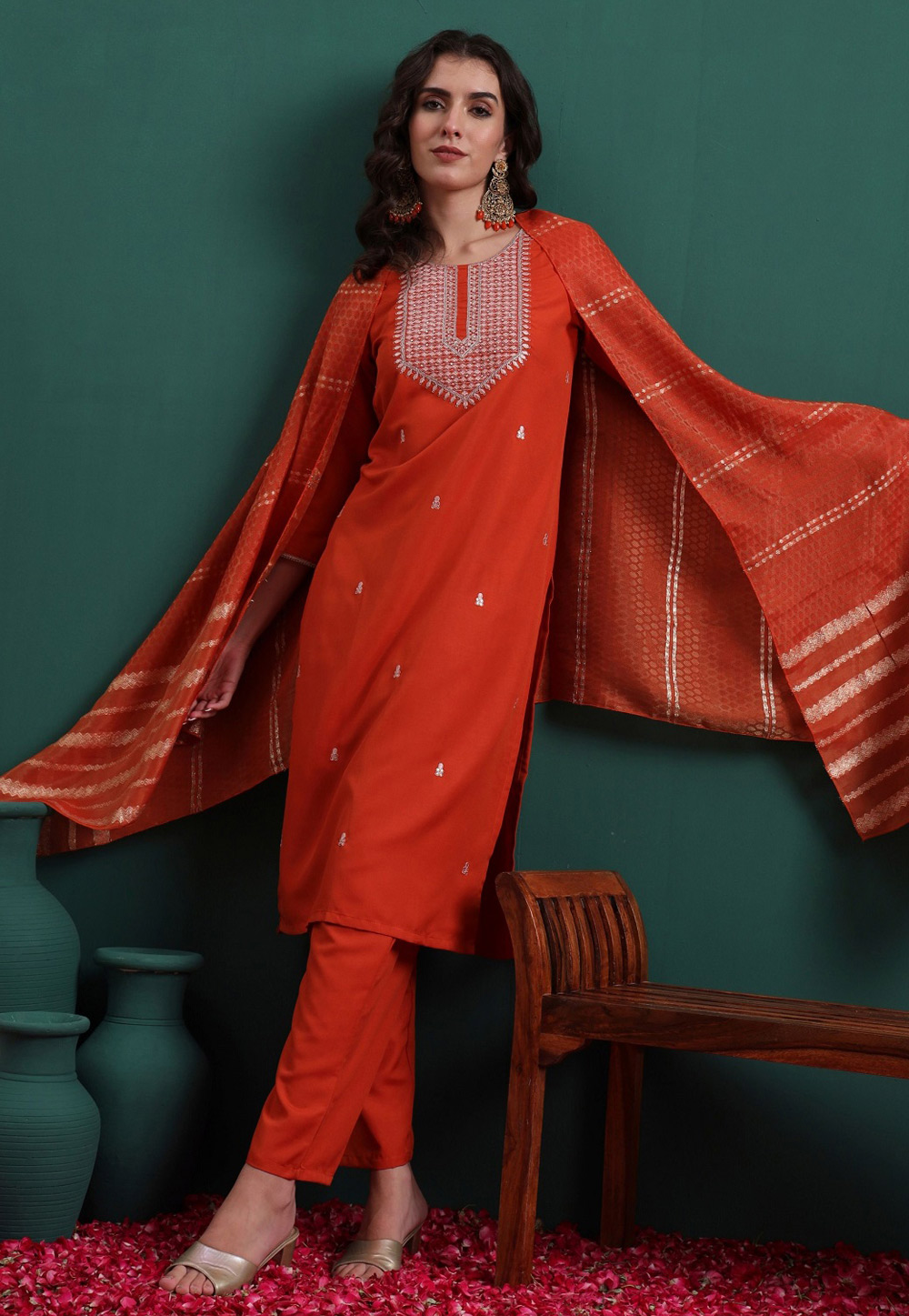Rust Viscose Readymade Pant Style Suit 324505