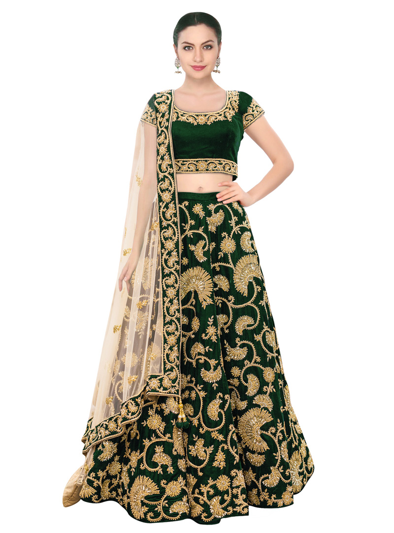 Green Velvet Silk A Line Lehenga Choli 136688