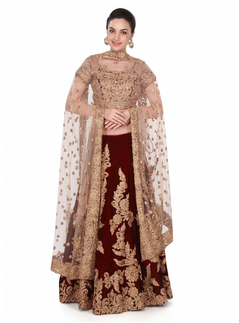 Maroon Velvet Silk Lehenga Choli 136697