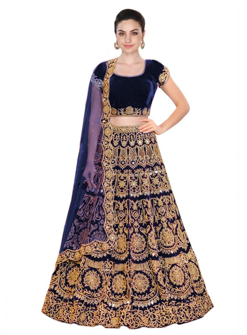Navy Blue Velvet Silk A Line Lehenga Choli 136700