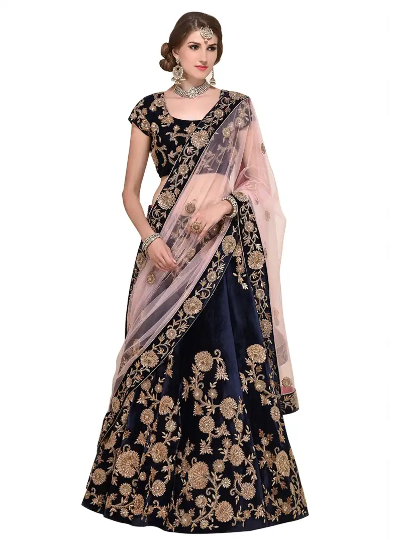 Navy Blue Velvet Silk A Line Lehenga Choli 136702