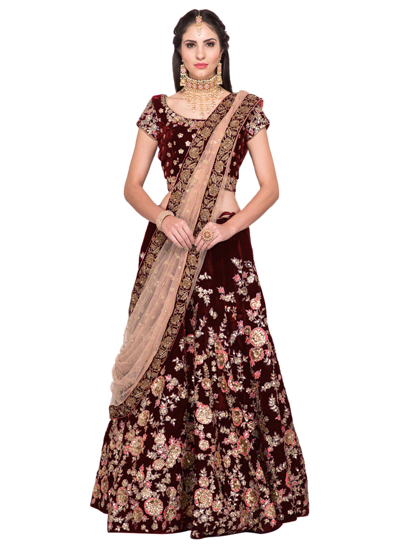 Maroon Velvet Silk A Line Lehenga Choli 136706