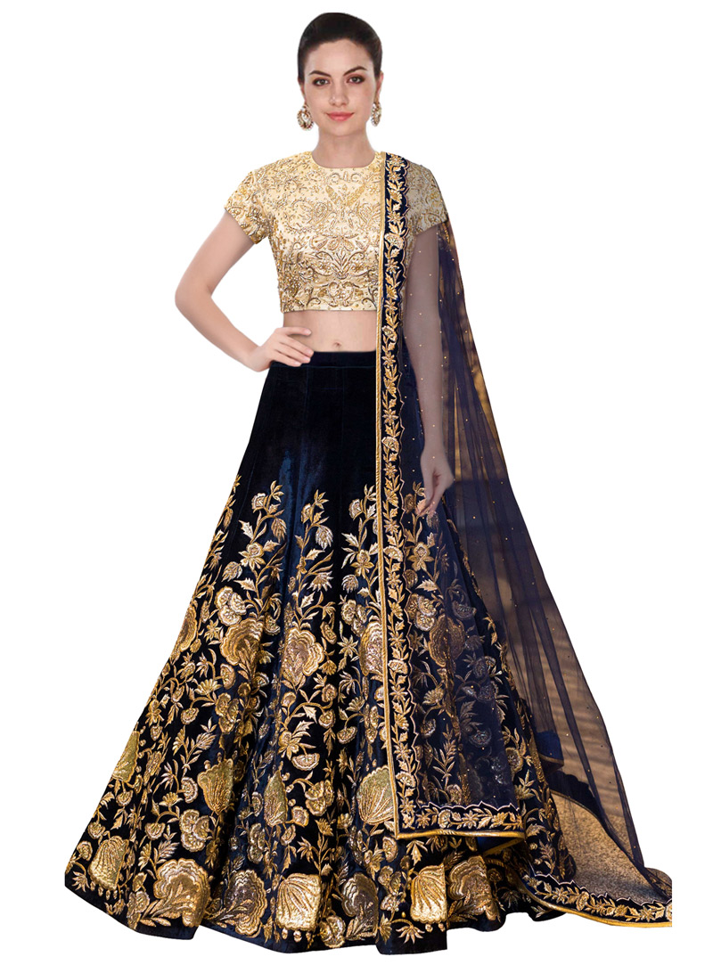 Navy Blue Velvet Silk A Line Lehenga Choli 136708
