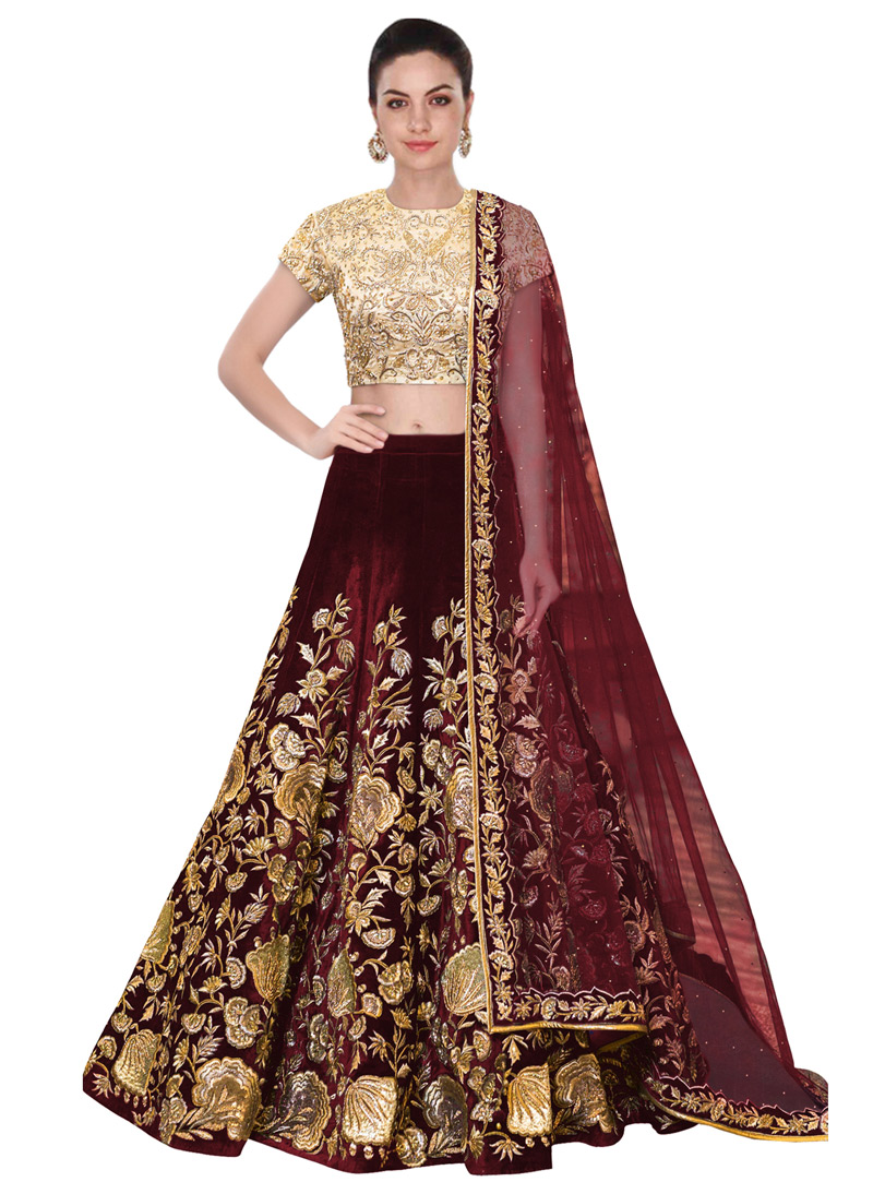 Maroon Velvet Silk Lehenga Choli 136709