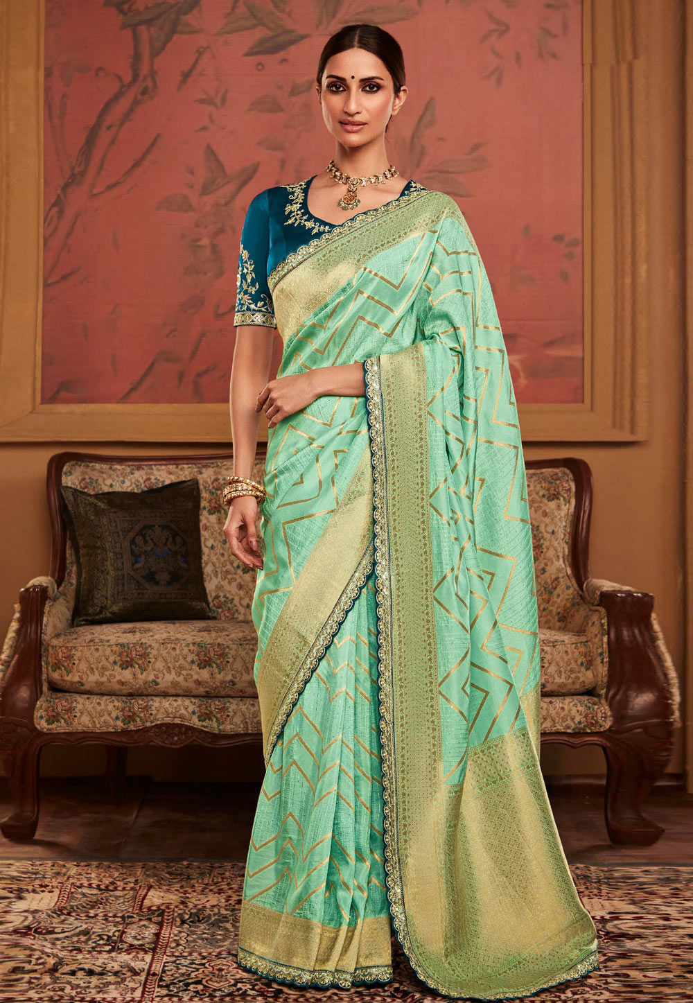 Sea Green Silk Saree With Blouse 270401