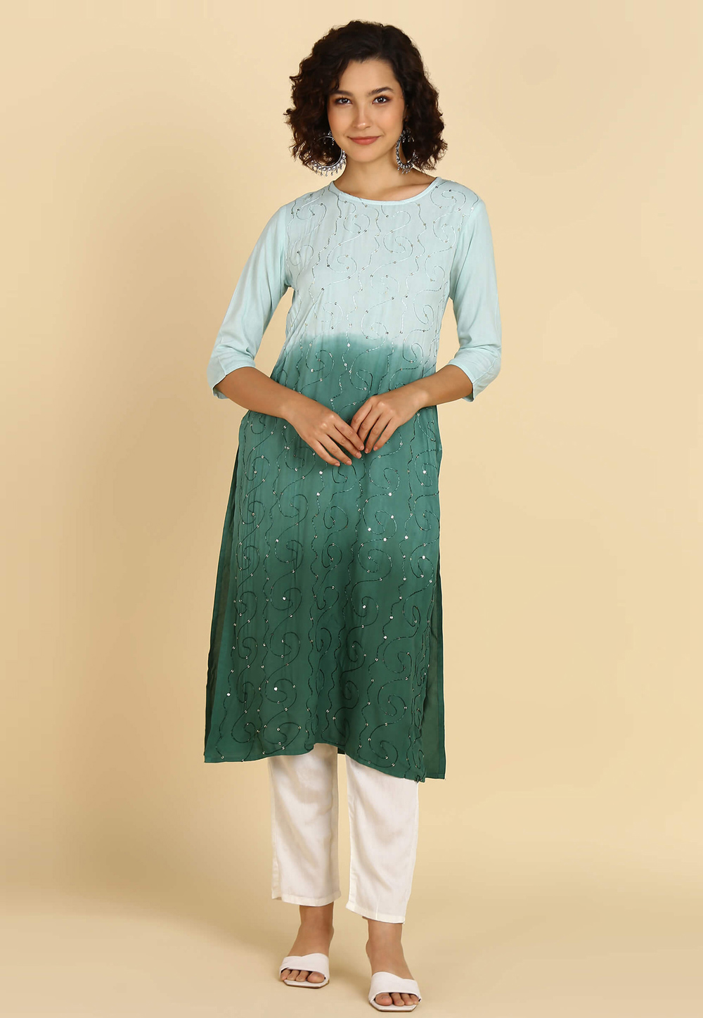 Green Rayon Long Kurti 270496