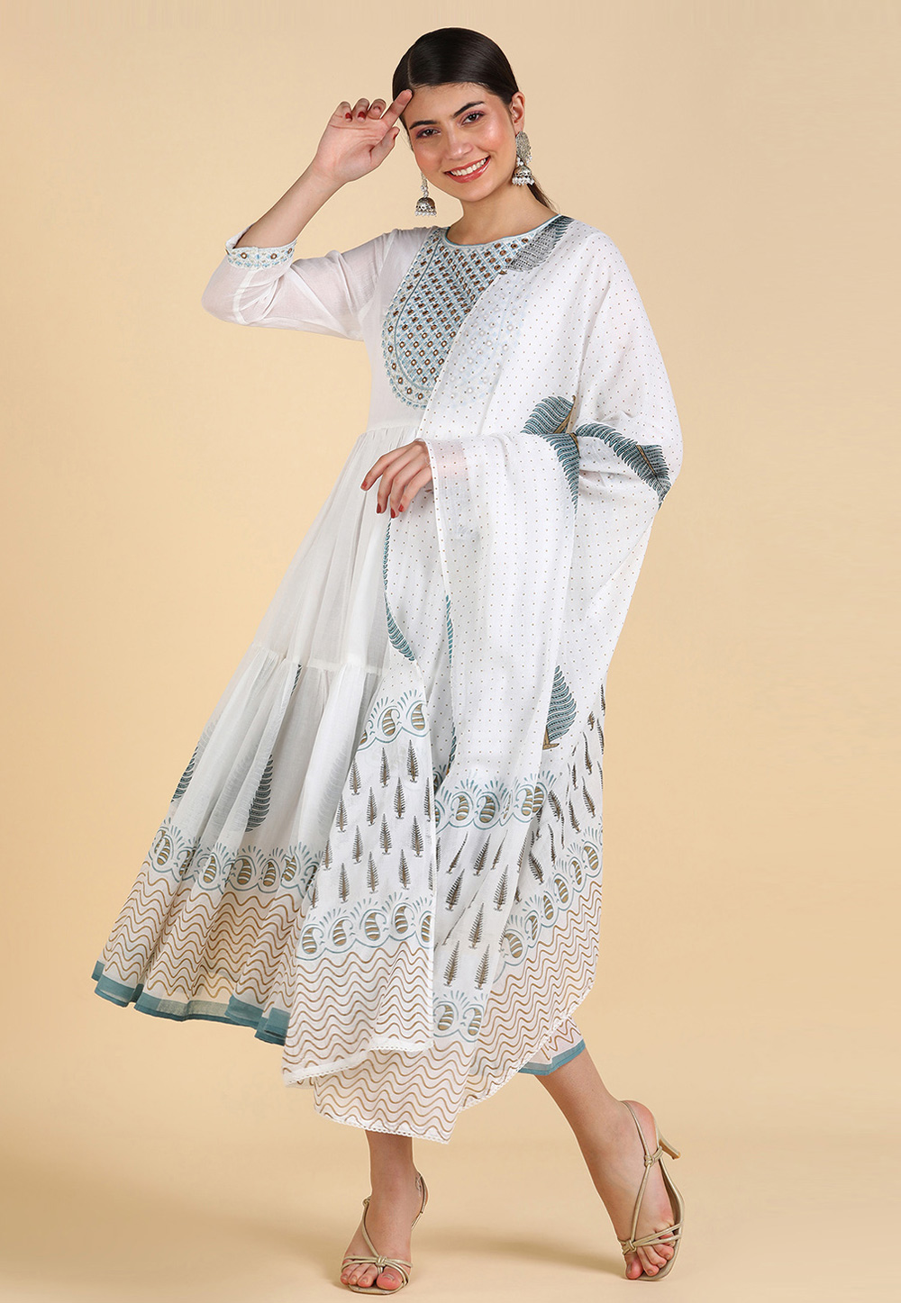 White Cotton Printed Long Kurti 270500