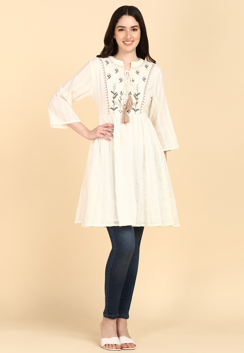 Off White Cotton Long Kurti 270504