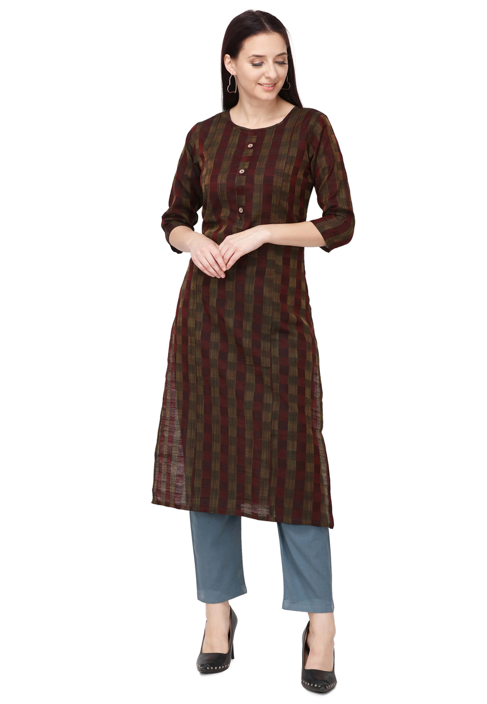 Maroon Cotton Readymade Kurti 214094