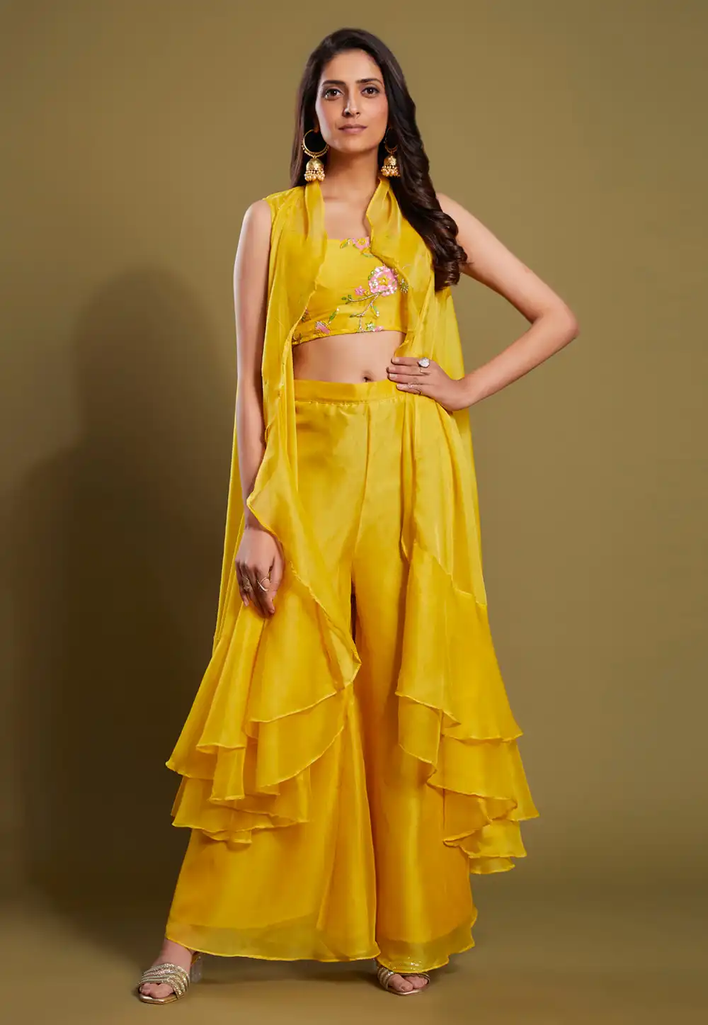 Yellow Organza Kurta Set With Jacket 265121