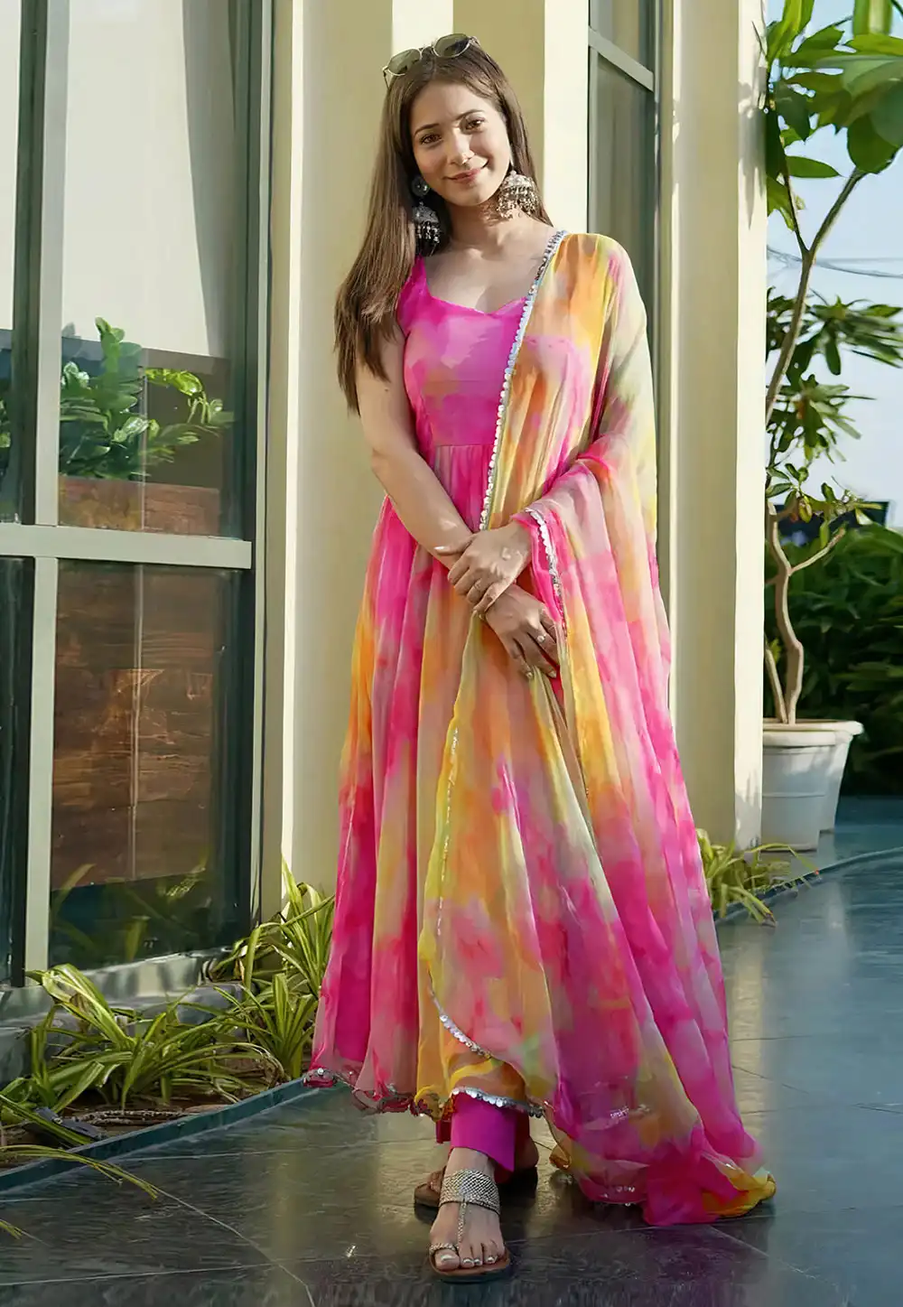 Pink Organza Readymade Long Anarkali Suit 270915