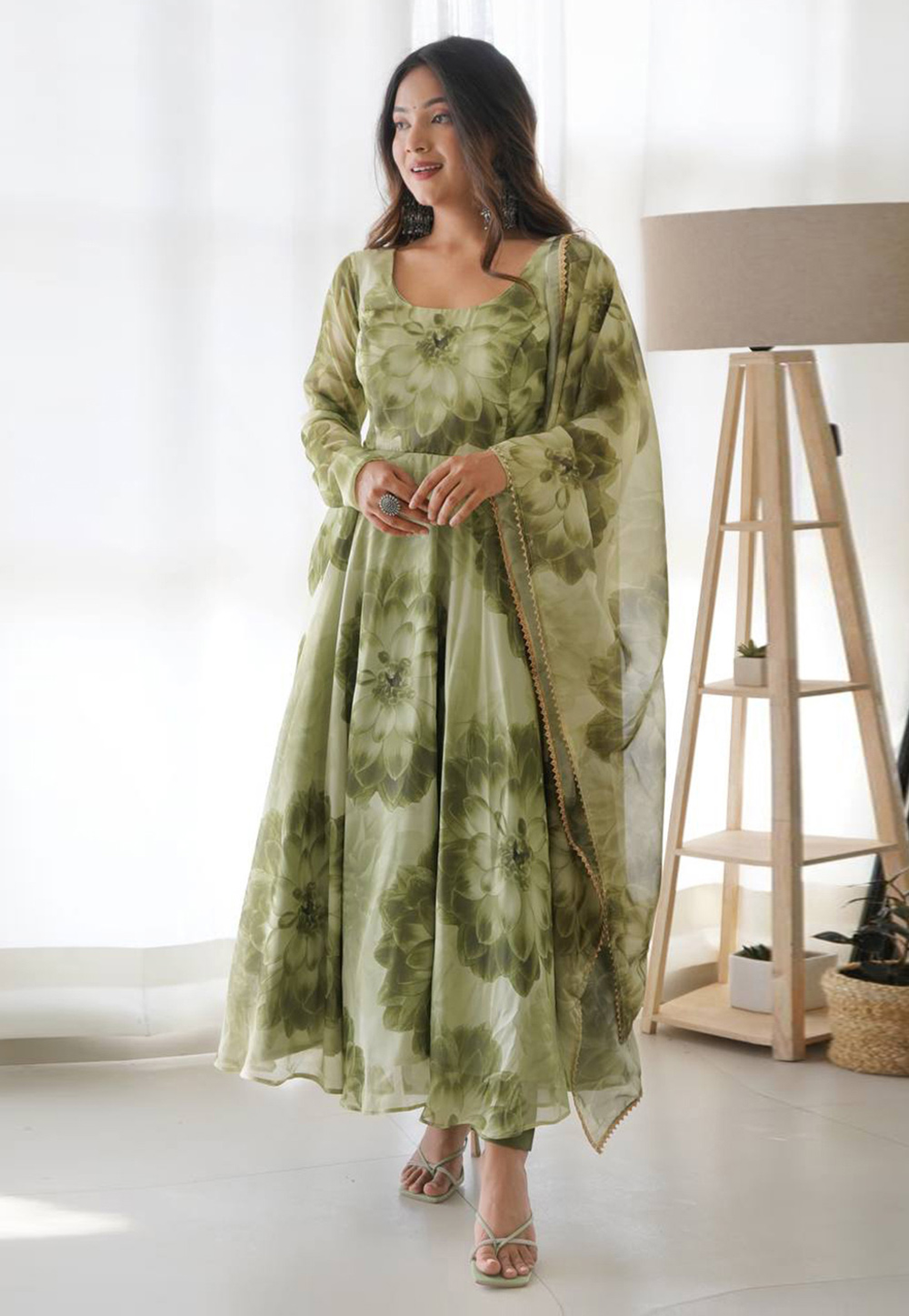 Pista Green Organza Readymade Long Anarkali Suit 271080