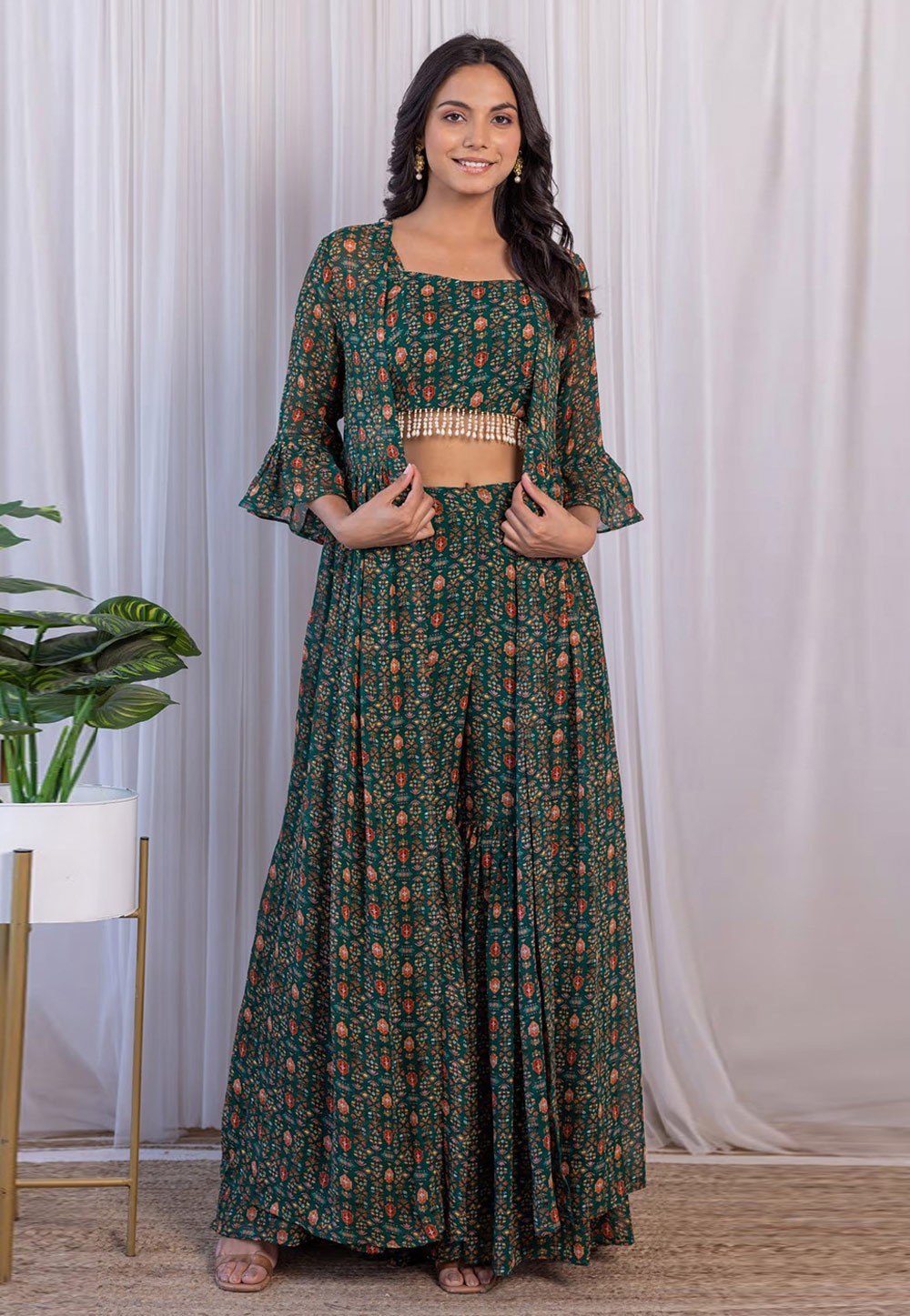 Green Georgette Kurta Set With Jacket 277479