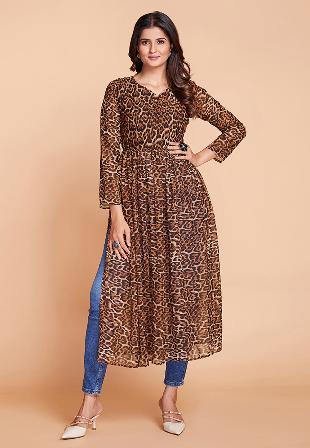 Brown Faux Georgette Printed Long Kurti 267547
