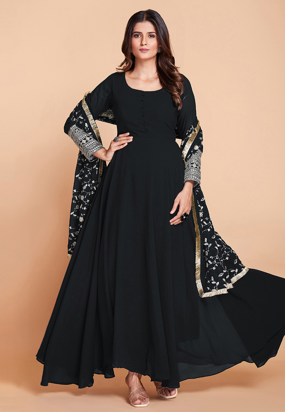 Frock Suit Floor Length Plain Black Anarkali Andaaz Fashion Black