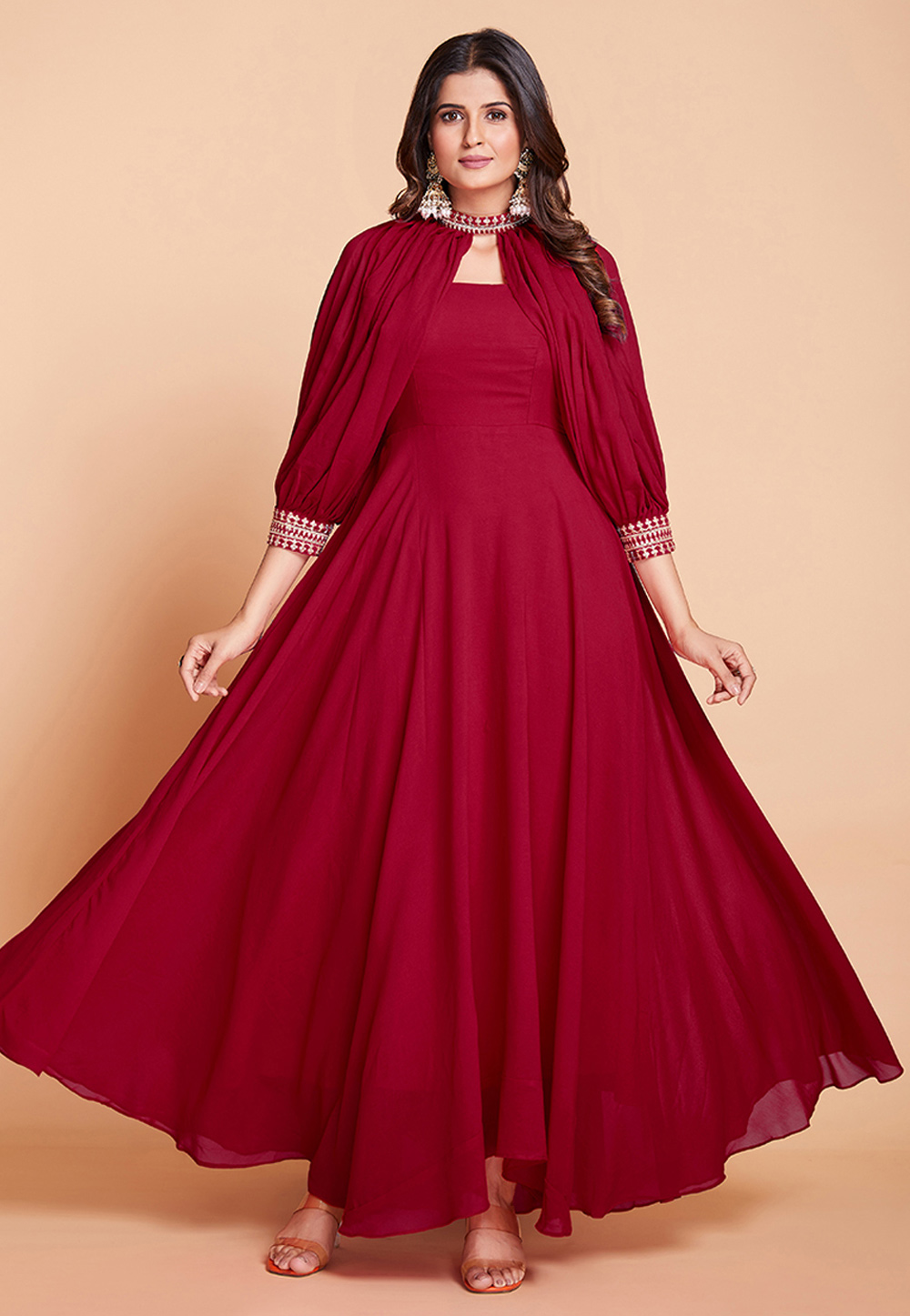 Maroon Faux Georgette Designer Gown 269458