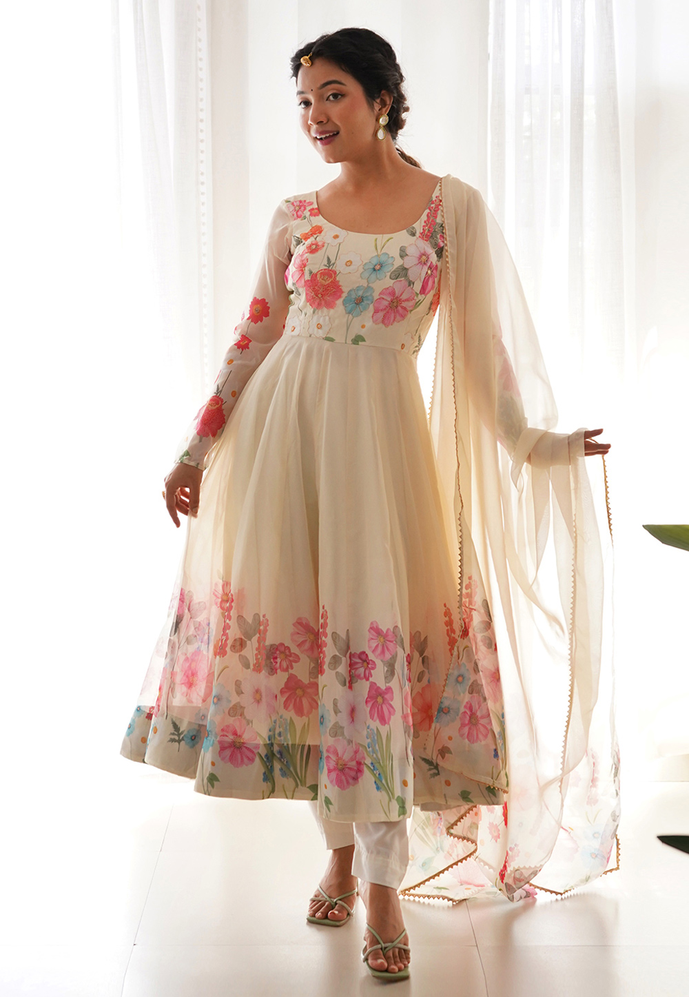 Cream Faux Georgette Readymade Long Anarkali Suit 271911
