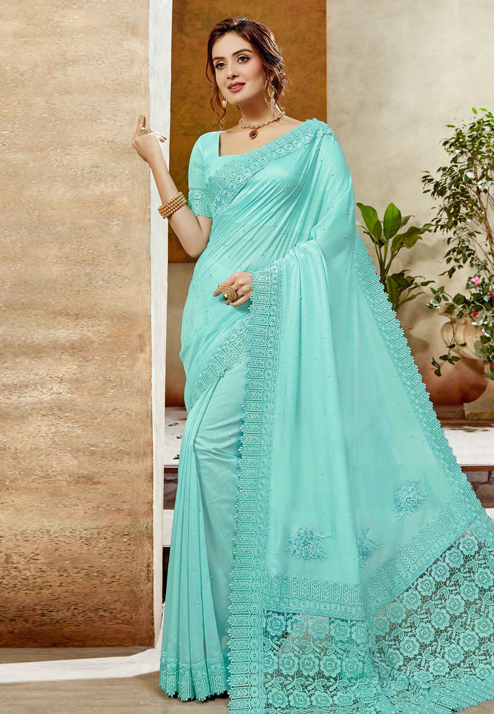 Sky Blue Silk Festival Wear Saree 206287