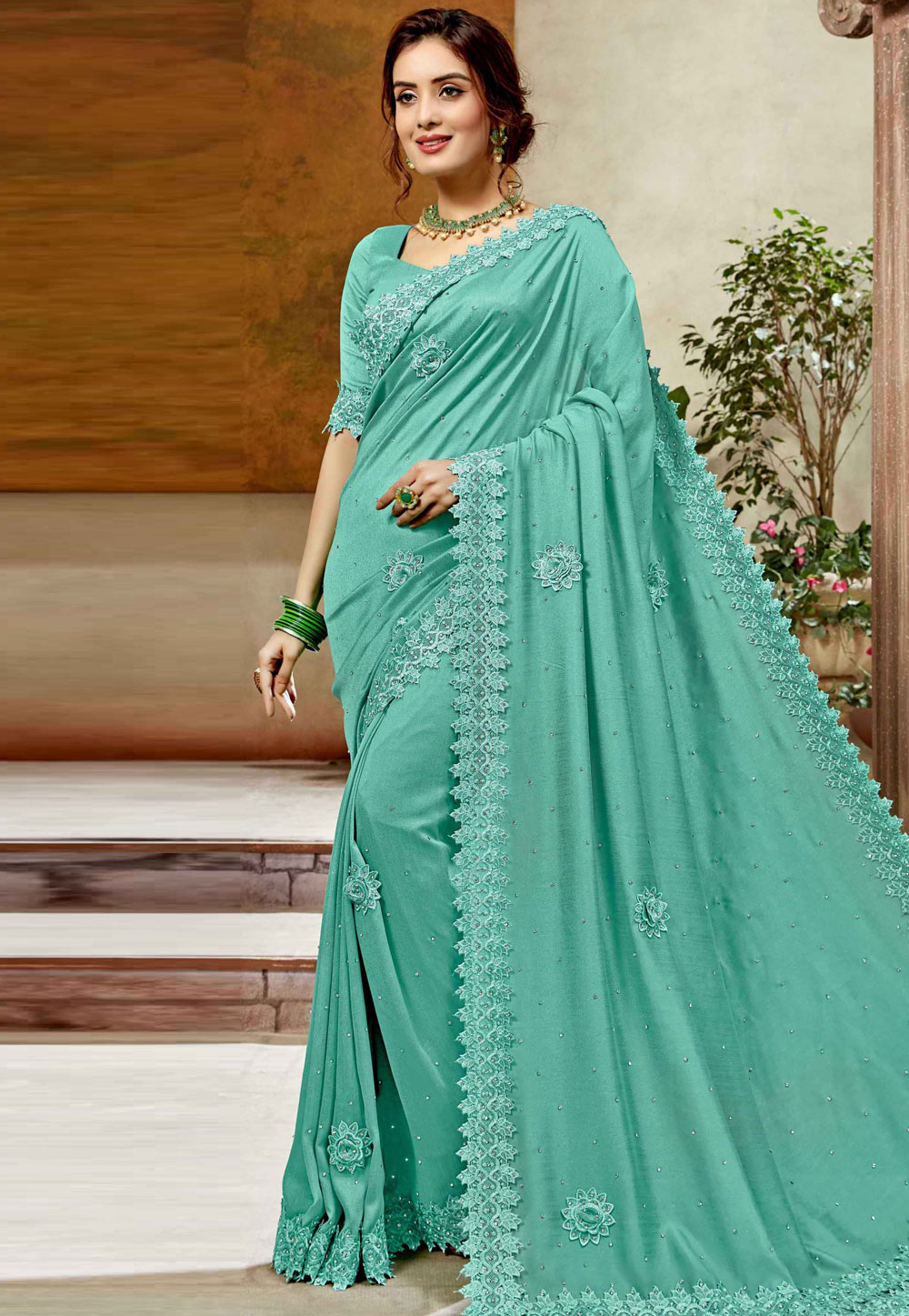 Sea Green Silk Saree With Blouse 206290