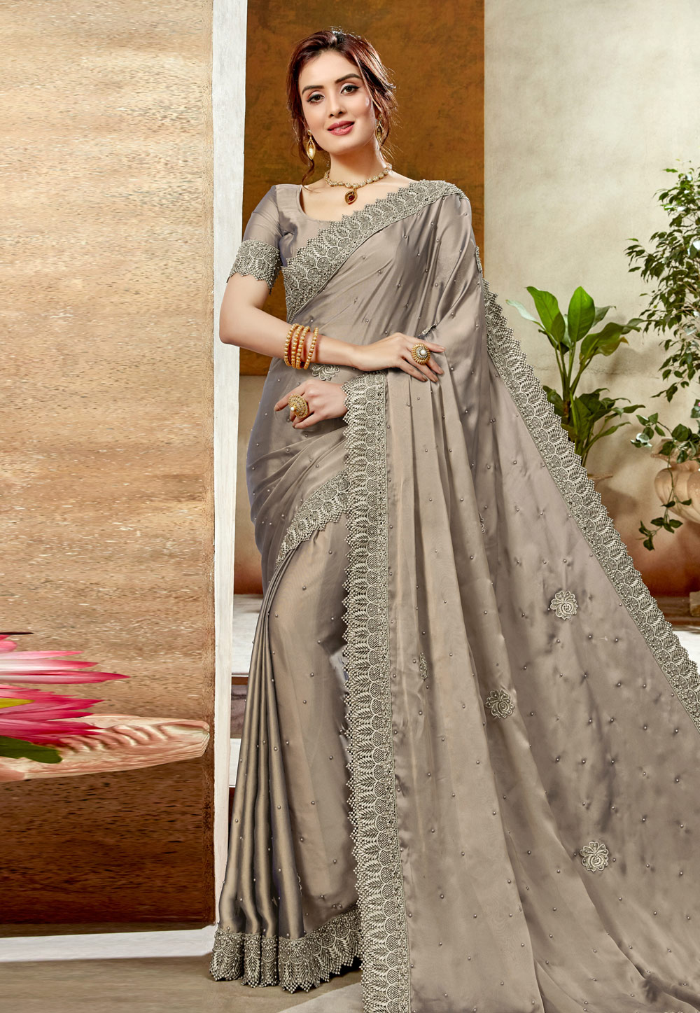 Grey Satin Silk Festival Wear Saree 198328