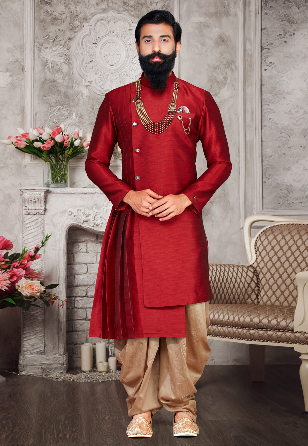 Maroon Art Silk Readymade Designer Indowestern Sherwani 175377