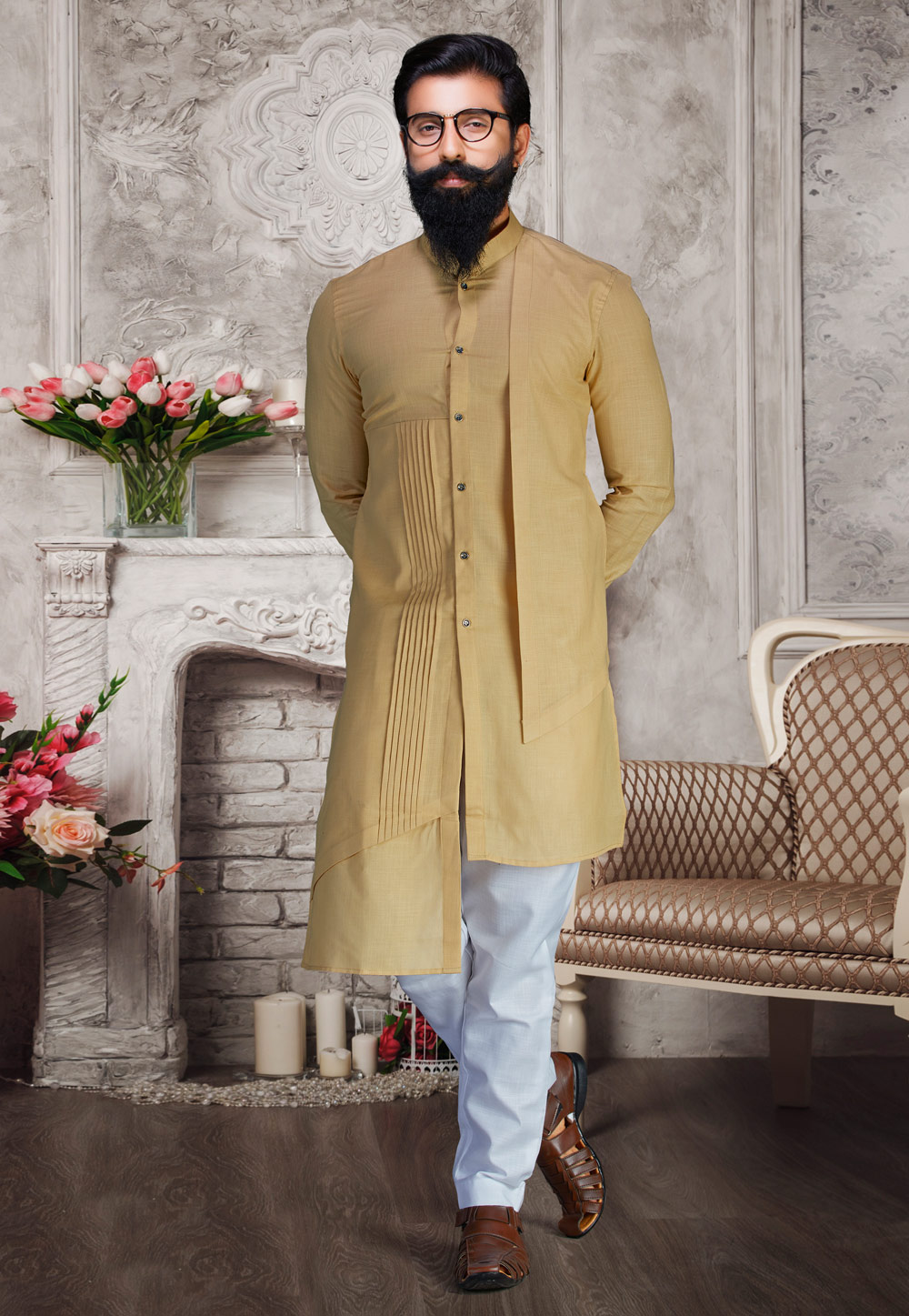 Beige Cotton Readymade Indowestern Suit 175386