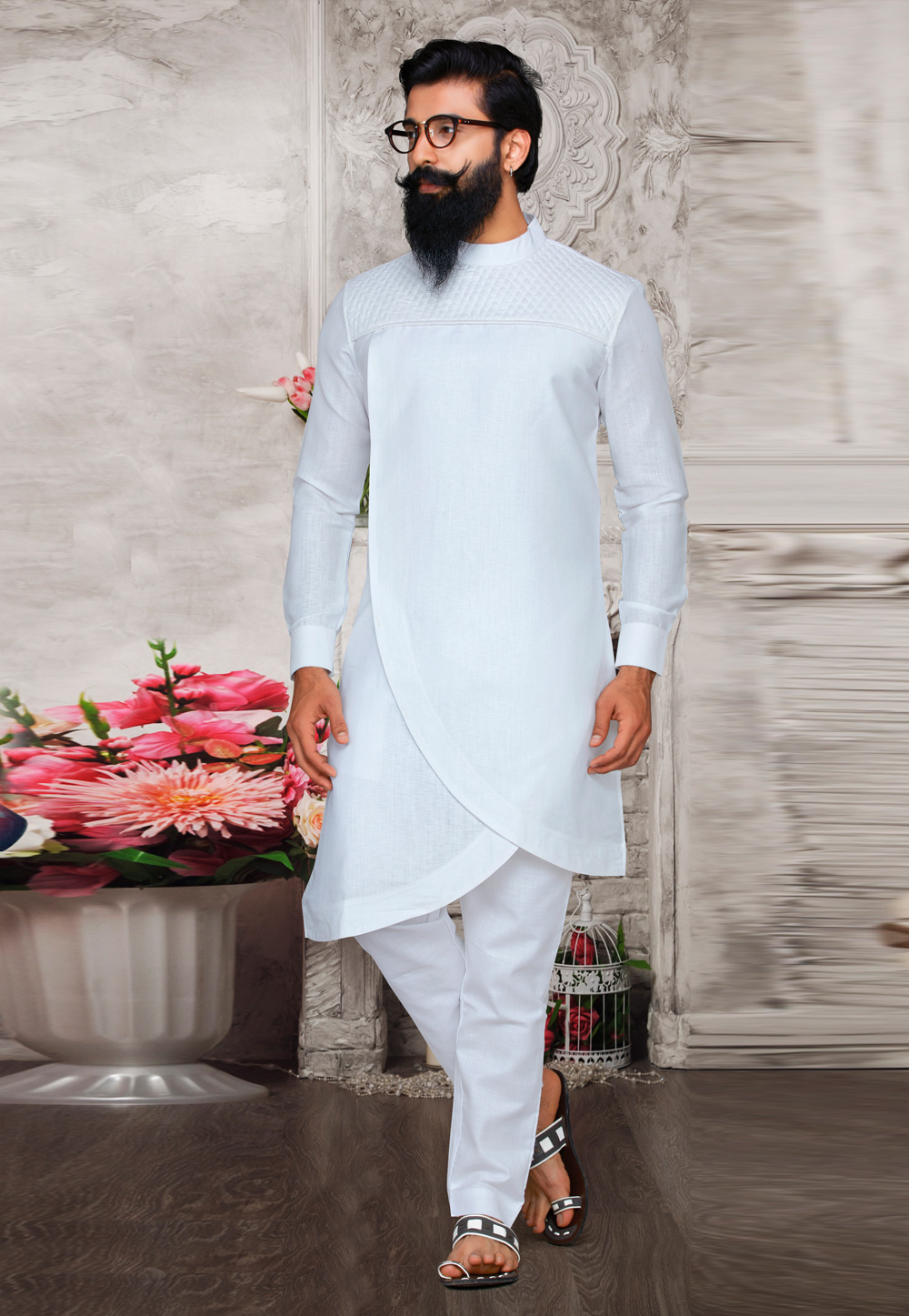 White Cotton Readymade Indowestern Suit 175389