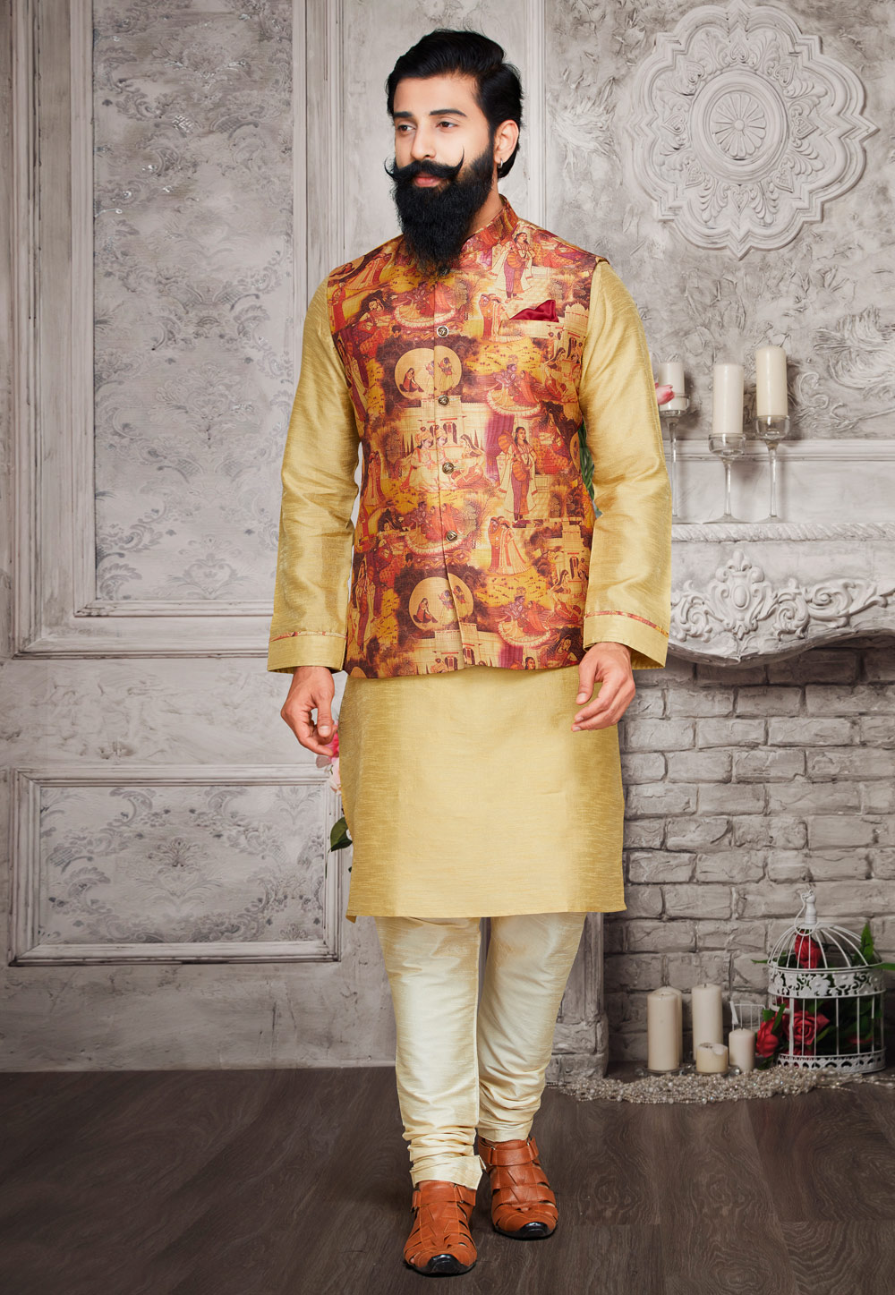 Beige Art Silk Readymade Kurta Pajama With Jacket 175272