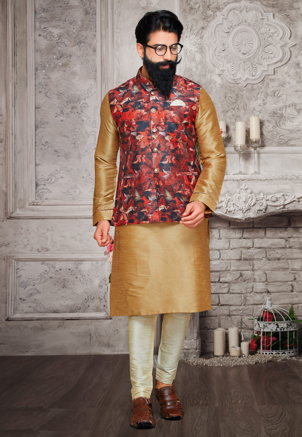 Beige Art Silk Readymade Kurta Pajama With Jacket 175275