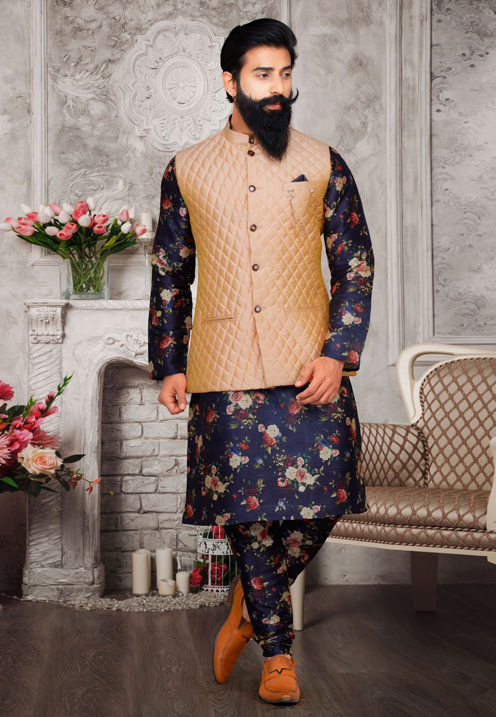 Navy Blue Art Silk Readymade Kurta Pajama With Jacket 175279