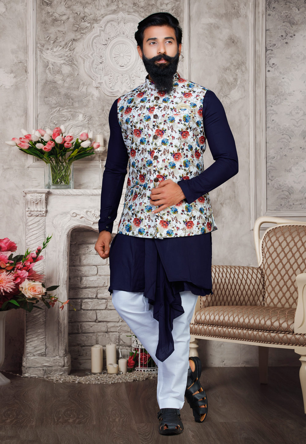 Navy Blue Art Silk Readymade Kurta Pajama With Jacket 175287