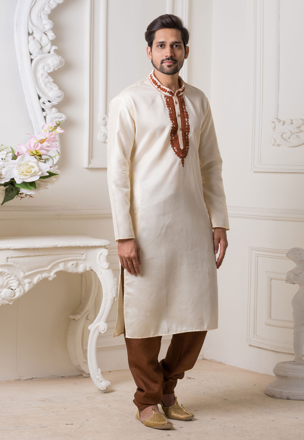Beige Kurta Pajama Jacquard Silk