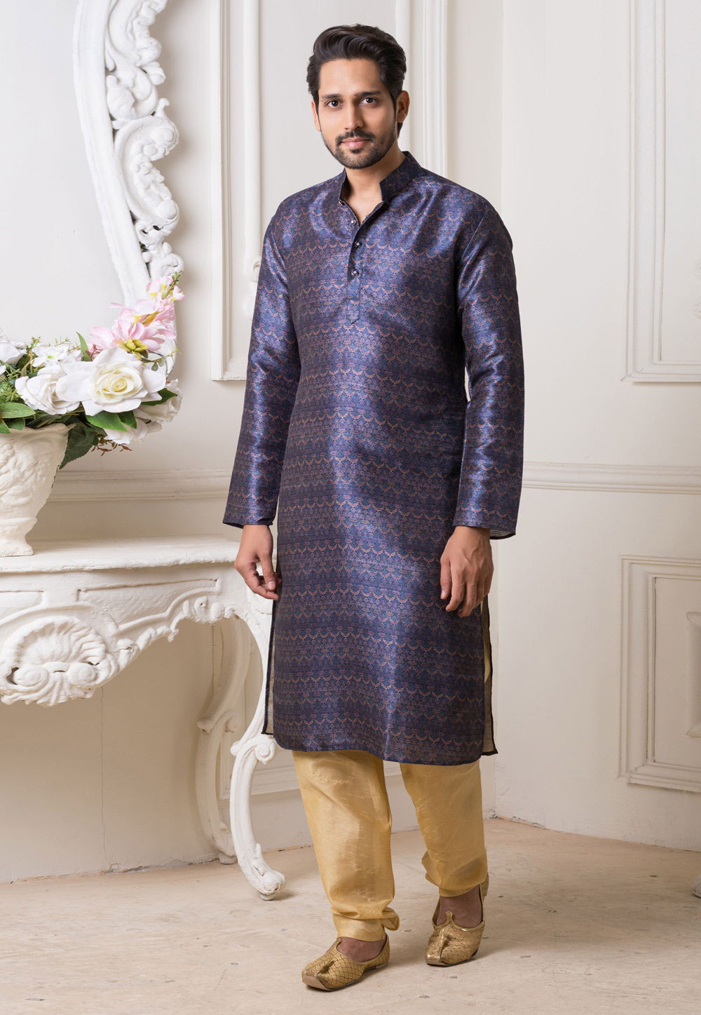 Blue Silk Readymade Kurta Pajama 190860